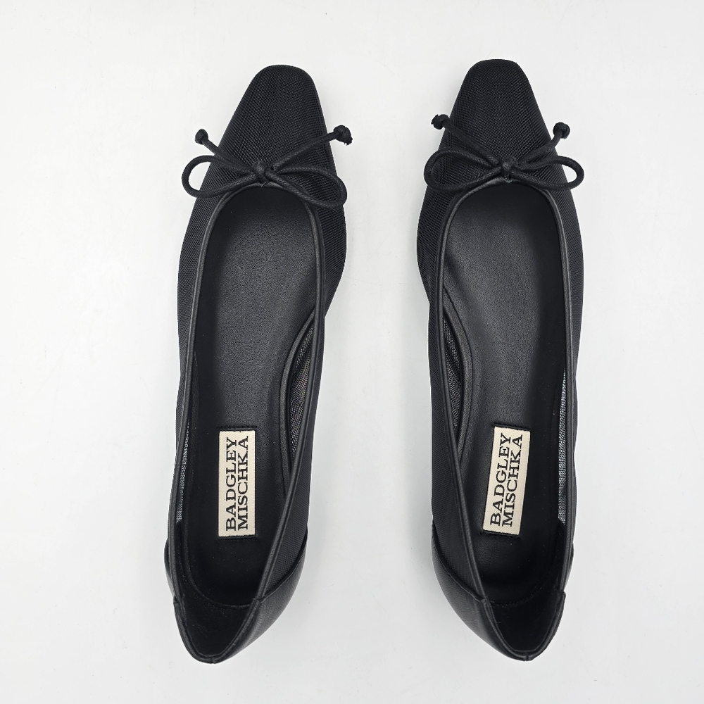 NIB Badgley Mischka Cam Pointed Toe Leather Flats with Bow, Black Mesh, Size 5 - Picture 7 of 14